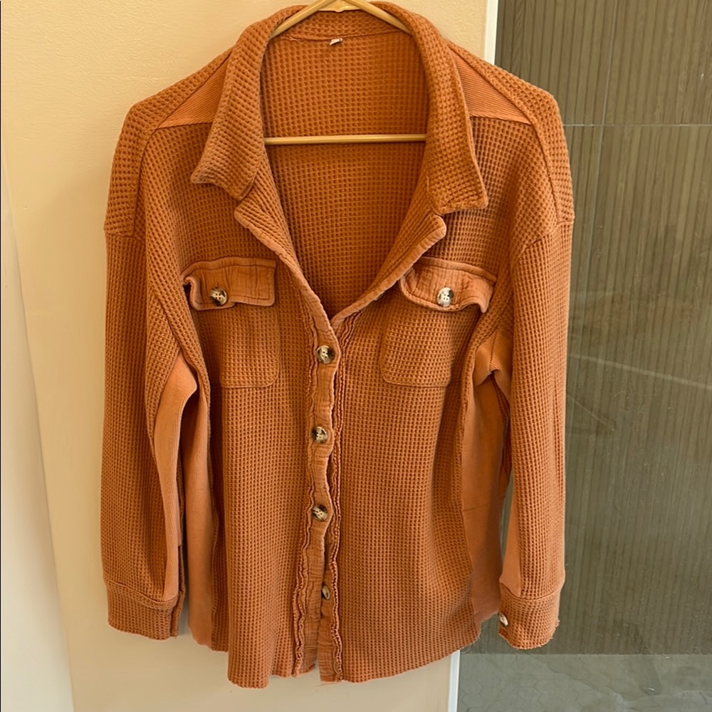 Women's Waffle Knit Button-Up Shirt - Orange